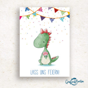 Dino Dinosaurier Freude Blumen Spaß Einladungskarte Kindergeburtstag Geburtstag Postkarte Illustratorin Catharina Voigt GrafischBecken