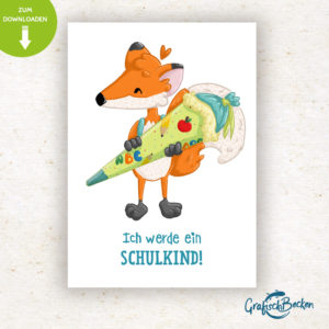 Postkarte Einschulung Schulkind ersten Schultag Fuchs Spaß Einladungskarte DIY basteln Digital download Illustratorin Catharina Voigt GrafischBecken