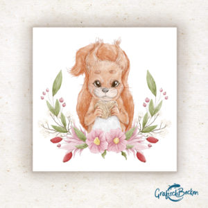 Illustration Eichhörnchen Frühling Ostern Blumen Blumenkranz Grußkarte Glückwünsche Postkarte Illustratorin Catharina Voigt GrafischBecken